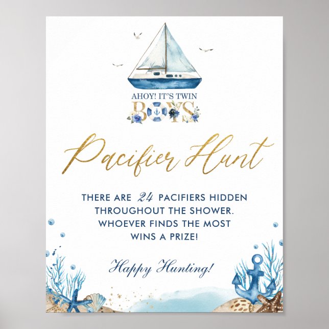 Ahoy Twin Boys Nautical Baby Shower Pacifier Hunt Poster (Front)