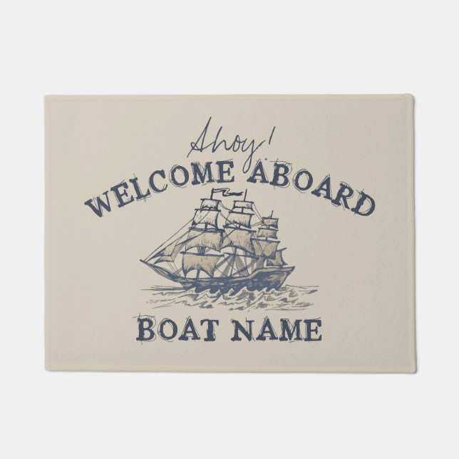 Ahoy! Welcome aboard Personalised Vintage Nautical Doormat (Front)