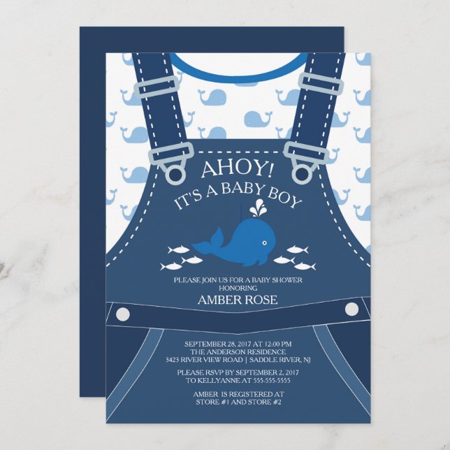 Ahoy Whale Nautical Baby Shower Invitation (Front/Back)