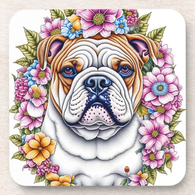 Ai Art Bulldog Surrounded by Whimsical Flowers Coaster (Front)