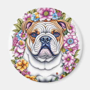Ai Art Bulldog Surrounded by Whimsical Flowers Magnet