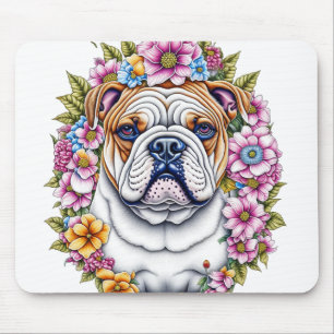 Ai Art Bulldog Surrounded by Whimsical Flowers Mouse Pad