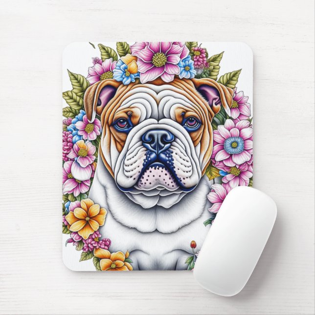 Ai Art Bulldog Surrounded by Whimsical Flowers Mouse Pad (With Mouse)