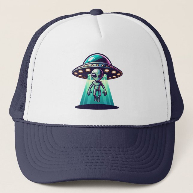  Ai Art with UFO Beaming up an Alien  Trucker Hat (Front)