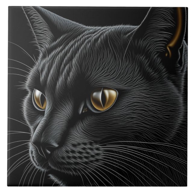 AI Black Cat with Yellow Eyes Ceramic Tile (Front)