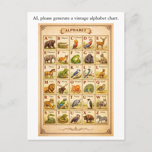 AI Fail Vintage Alphabet Chart with Animals Postcard (Front)