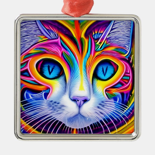 AI Generated Artsy Cool Blue Eyed Abstract Cat Metal Ornament (Front)