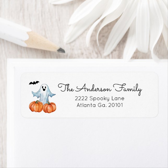 AI Generated Ghost And Pumpkin Halloween Return Address Label (Insitu)