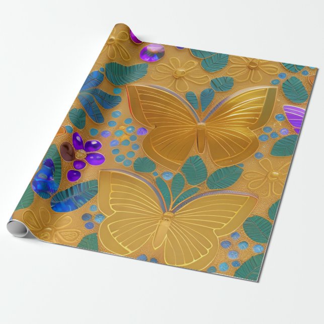 AI Generated - Golden Butterflies Decorative Art  Wrapping Paper (Unrolled)