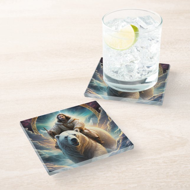 (AI Generated ) Jesus on a polar bear  Glass Coaster (Angled)