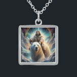 (AI Generated ) Jesus on a polar bear  Sterling Silver Necklace<br><div class="desc">Christian Faith Jesus sits on a polar bear with white winter robe long hair and beard.Out in the snow ridding the white bear with staff in hand. Up in the ice glacier mountain. With snow and a bright stare in the night sky. On this artificial intelligence photo.</div>