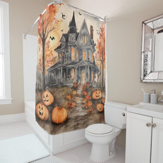 AI Generated Spooky Old House Halloween Shower Curtain (In Situ)