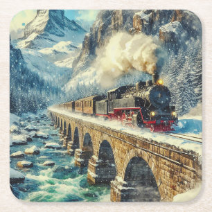AI Generated Steam Engine Train Square Paper Coaster