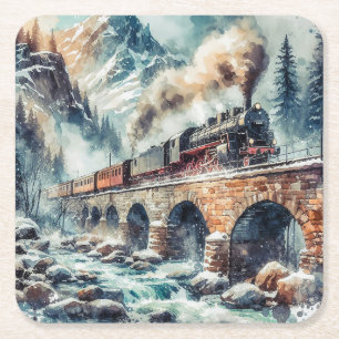 AI Generated Steam Engine Train Square Paper Coaster