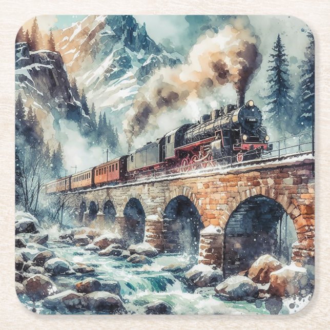 AI Generated Steam Engine Train Square Paper Coaster (Front)