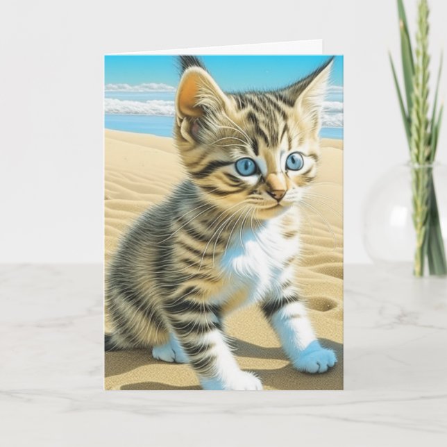 AI Grey Tabby Kitten Playing on a Beach Card (Front)