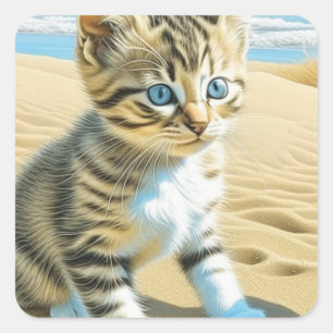 AI Grey Tabby Kitten Playing on a Beach  Square Sticker