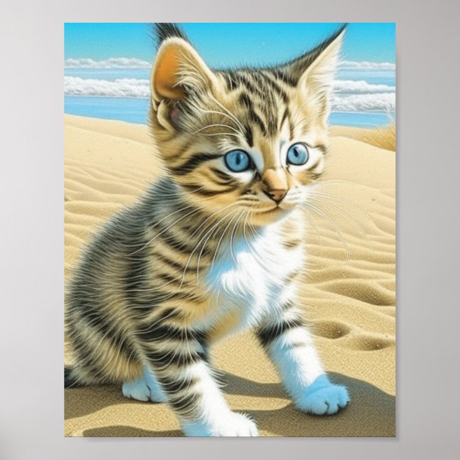 AI Grey Tabby Kitten Playing on a Sandy Beach Poster (Front)