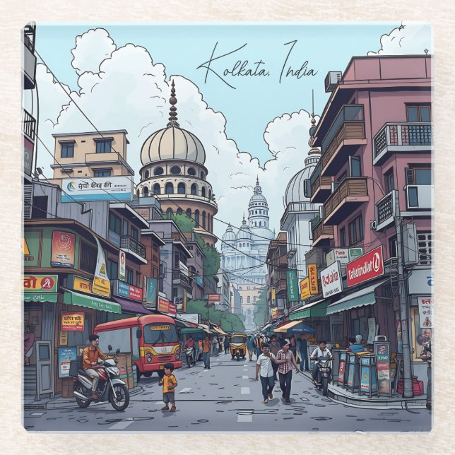Ai Illustration of Kolkata, India Glass Coaster (Front)