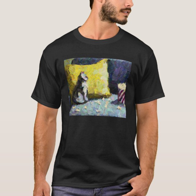 AI Impressionist Cat Watching TV and Eating Popcor T-Shirt (Front)