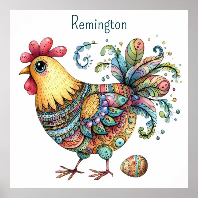 AI Nursery Art Folk Art Style Chicken and Egg Poster (Front)