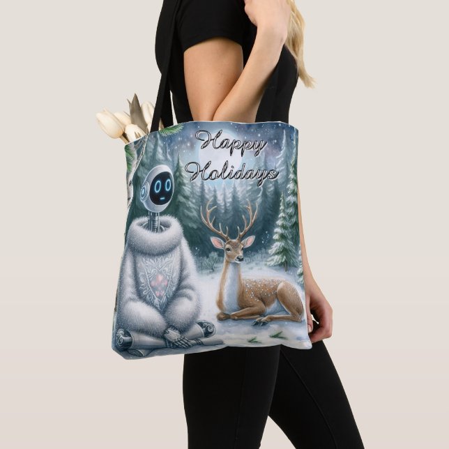AI Robot Winter Happy Holidays Girly Tech Tote (Close Up)