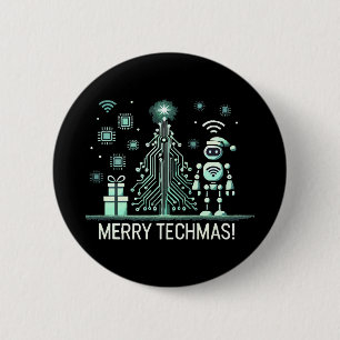 AI Robot with Tech Christmas Tree – Merry Techmas 6 Cm Round Badge
