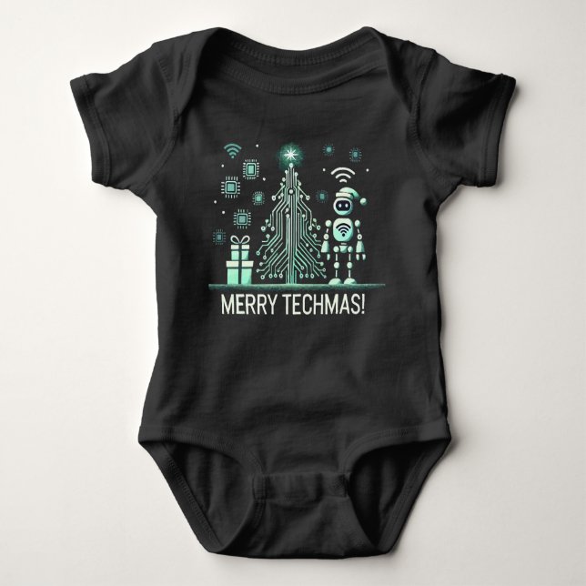AI Robot with Tech Christmas Tree – Merry Techmas Baby Bodysuit (Front)