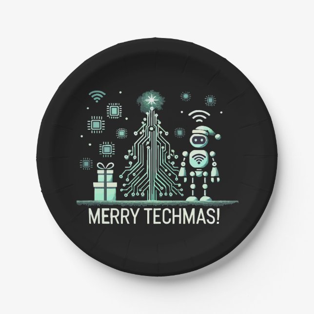 AI Robot with Tech Christmas Tree – Merry Techmas Paper Plate (Front)