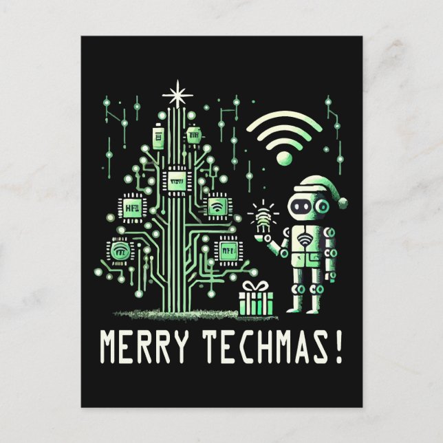 AI Robot with Tech Christmas Tree – Merry Techmas Postcard (Front)
