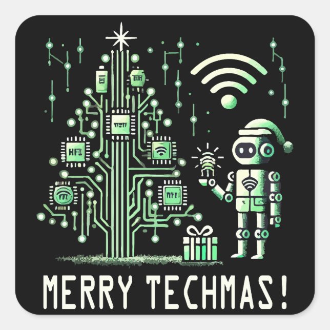 AI Robot with Tech Christmas Tree – Merry Techmas Square Sticker (Front)