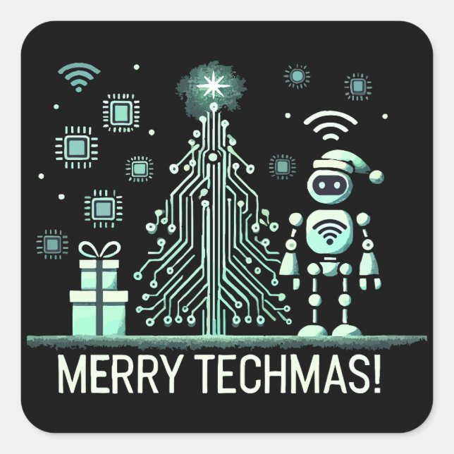 AI Robot with Tech Christmas Tree – Merry Techmas Square Sticker (Front)