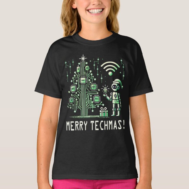 AI Robot with Tech Christmas Tree – Merry Techmas T-Shirt (Front)