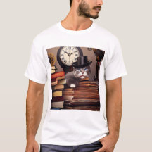 AI steampunk cat in a hat with books T-Shirt
