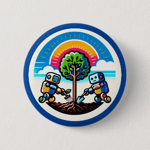 AI Tree Planter Sticker Eco-Friendly Robot Design 6 Cm Round Badge