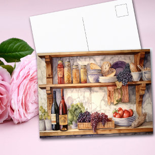 AI Vintage Country Kitchen Shelves Wine Grapes Postcard