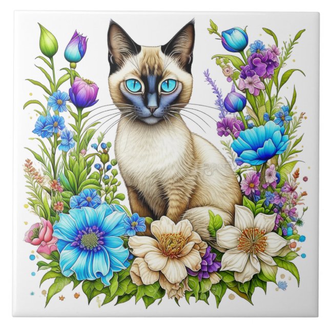 Ai Watercolor Siamese Cat in Flowers Ceramic Tile (Front)
