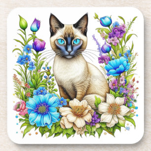 Ai Watercolor Siamese Cat in Flowers Coaster