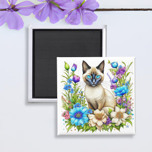 Ai Watercolor Siamese Cat in Flowers Magnet