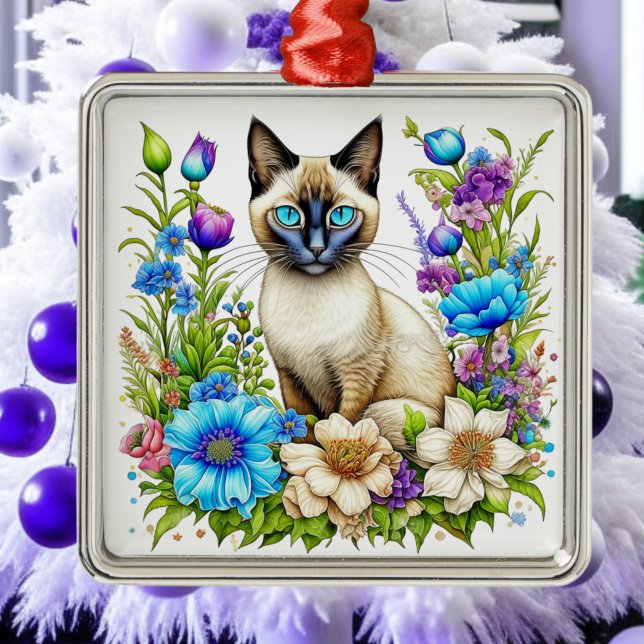 Ai Watercolor Siamese Cat in Flowers  Metal Ornament (Creator Uploaded)