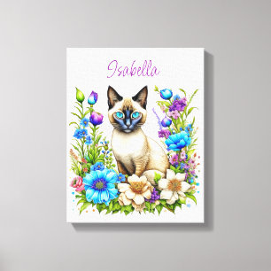 Ai Watercolor Siamese Cat in Flowers Personalised Canvas Print