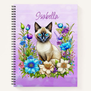 Ai Watercolor Siamese Cat in Flowers Personalised Notebook