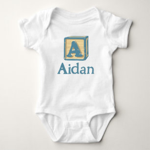 Aidan Name Reveal Blue Vintage Toy Block Boy Baby Bodysuit