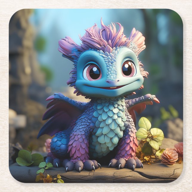 Aiden, a Whimsical Dragon  Square Paper Coaster (Front)