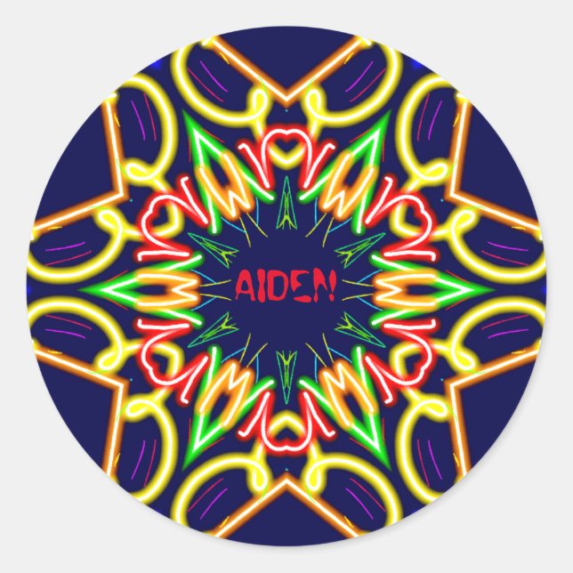 AIDEN ~Fluoro Alien Pattern ~ Personalised  Classic Round Sticker (Front)