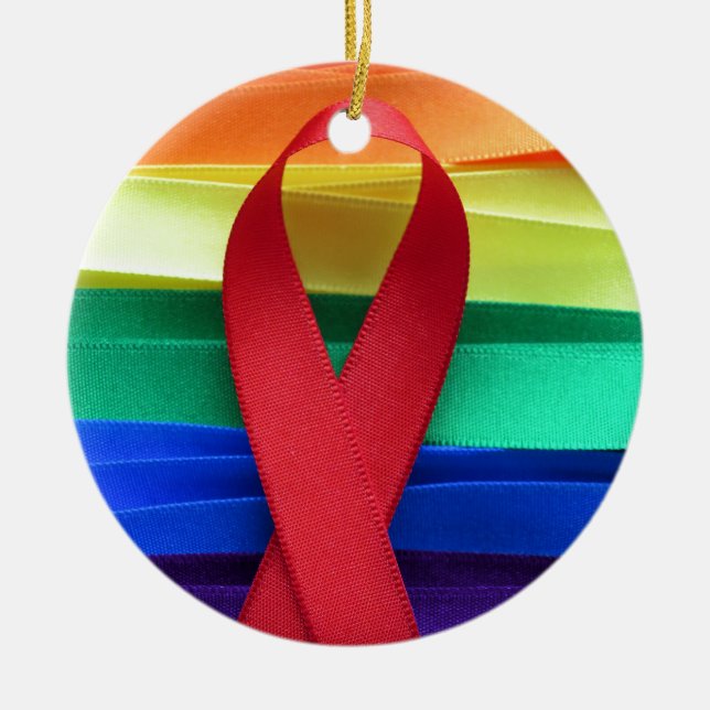 AIDS awareness red ribbon on gay flag Ceramic Ornament (Front)