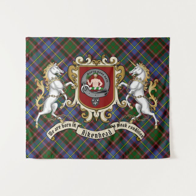 Aikenhead Clan Badge & Unicorns w/Tartan  Tapestry (Front (Horizontal))
