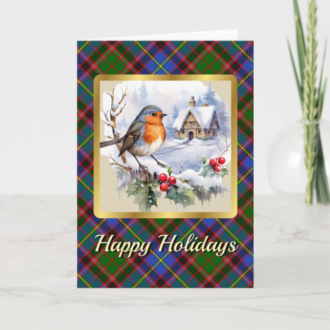 Aikenhead Crest & Tartan w/Robin Personalised Xmas Card (Front)
