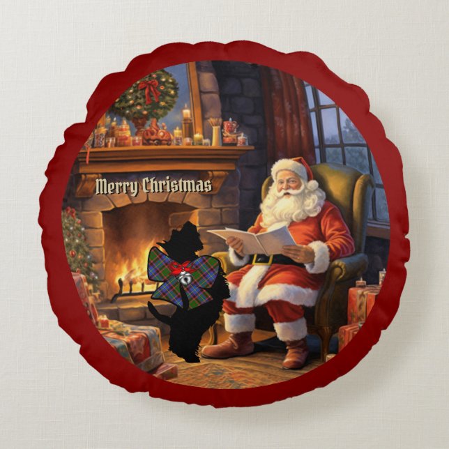 Aikenhead Scottie Dog & Santa Personalised Xmas Round Cushion (Front)