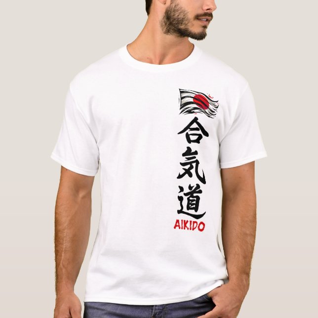 Aikido Kanji T-Shirt With Japanese Flag (Front)